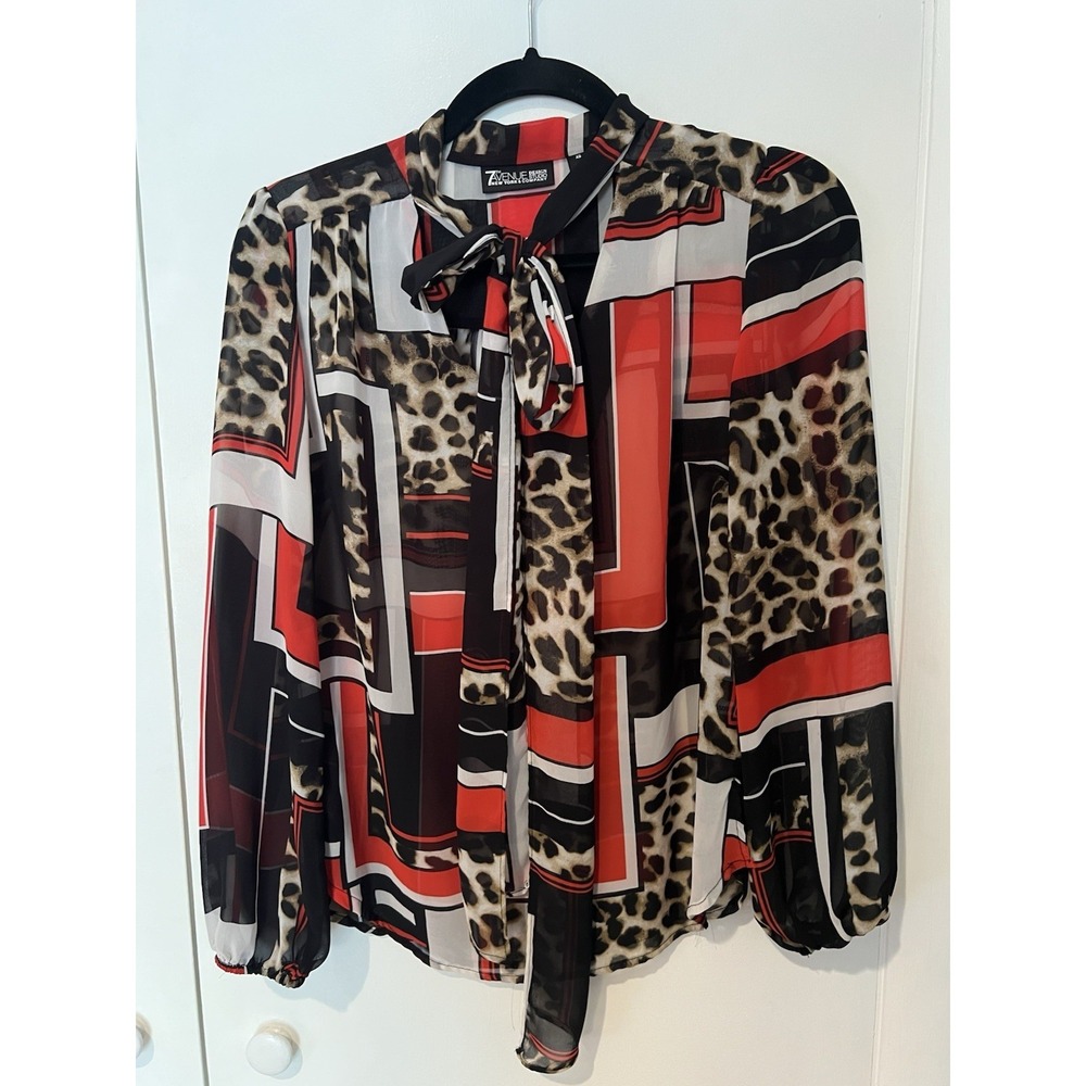 7th Ave Design Studio Women Top XS Red Leopard Bold Print Tie Neck Accent